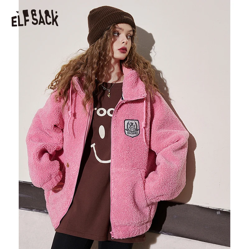 ELFSACK Hoodies Fleece Cotton Coats Women 2023 Winter Patch Dog Short Outwears