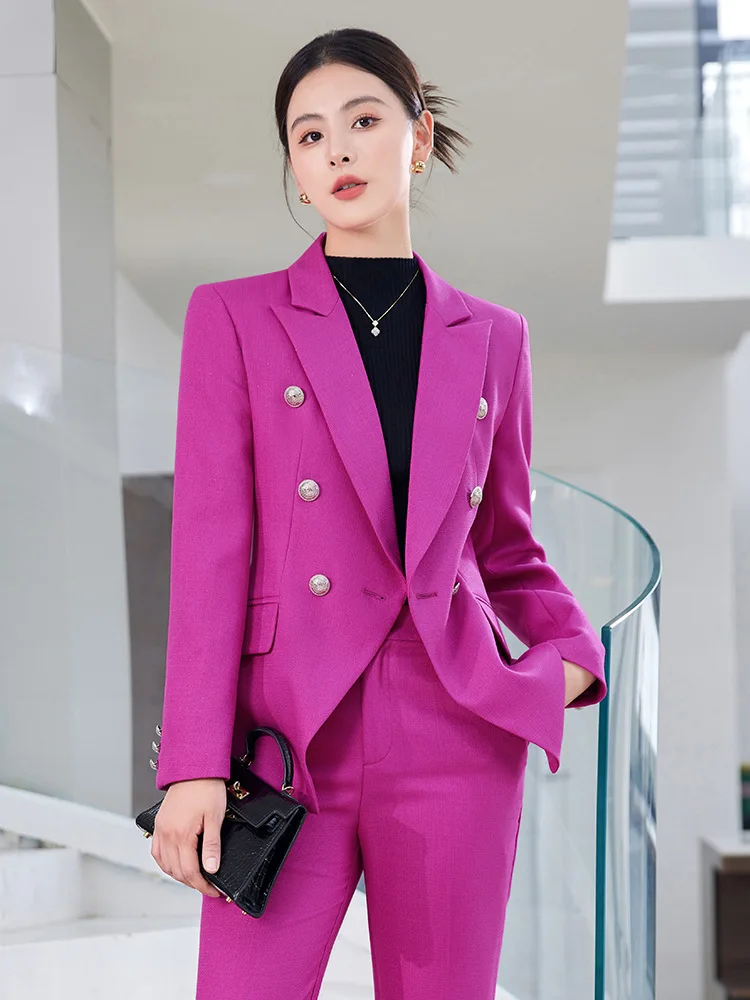 Fashion Women's Suits 2023 New Office Lady Purple Blue Khaki Black Slim Blazer + Flare Pant Sets Elegant Work Wear Business Suit