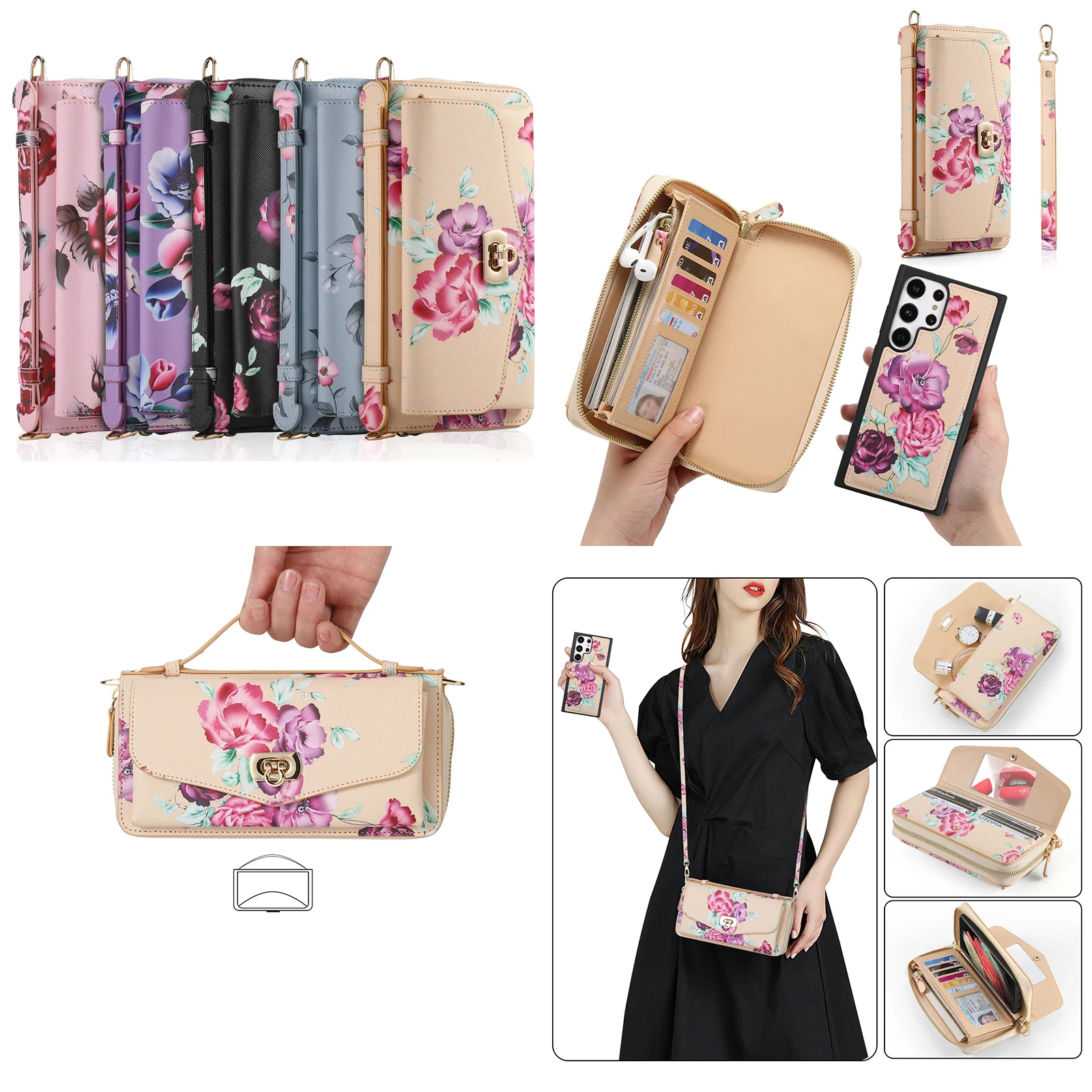 

Luxury Floral Handbag Wallet Long Lanyard Leather Case For Samsung Galaxy S23 Ultra S22 Plus Note 20 Card Pocket Purse Bag Cover