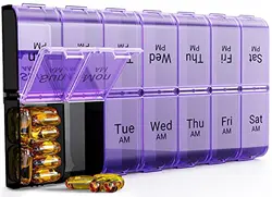 Oversized Weekly AM/PM Pill Organizer for Large Vitamins and Medications (Black - purple)