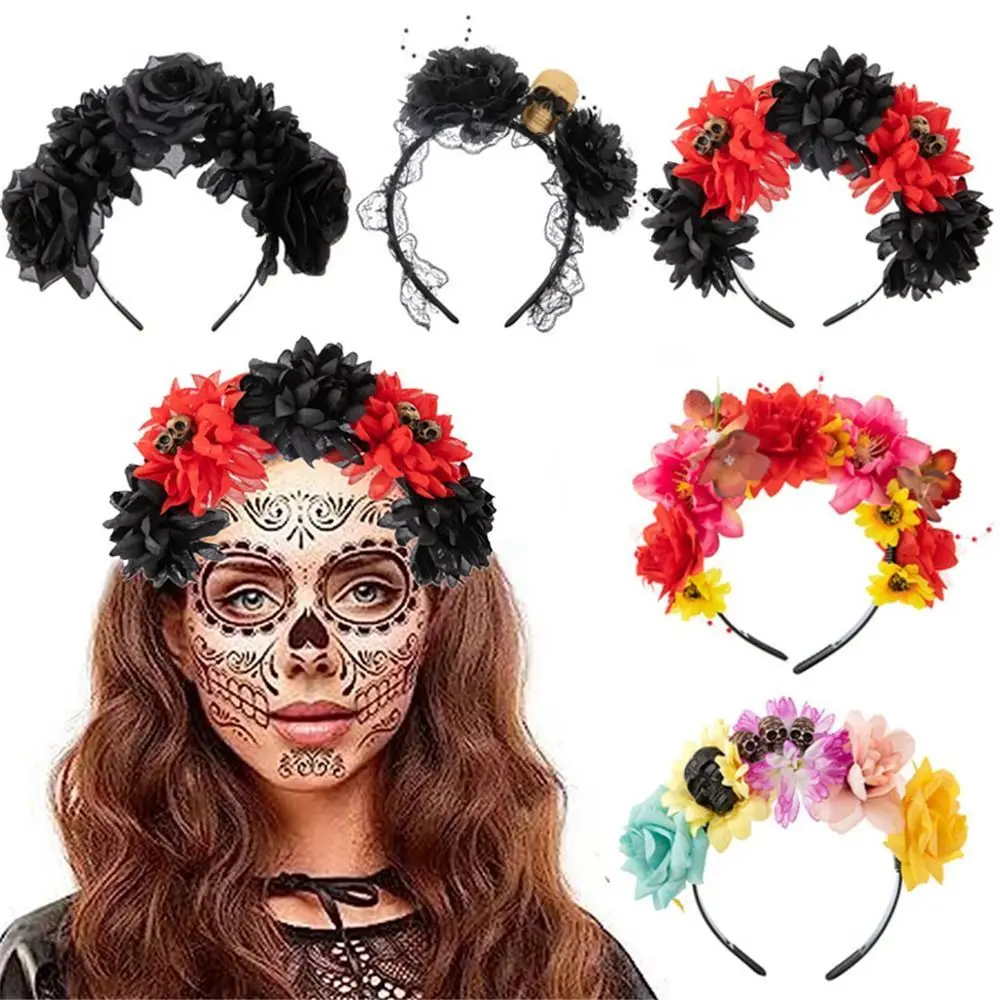 

Rose Flower Headband Mexican Rose Flower Crown Headband Headpiece with Black Veil Halloween Party Costume Cosplay Headwear