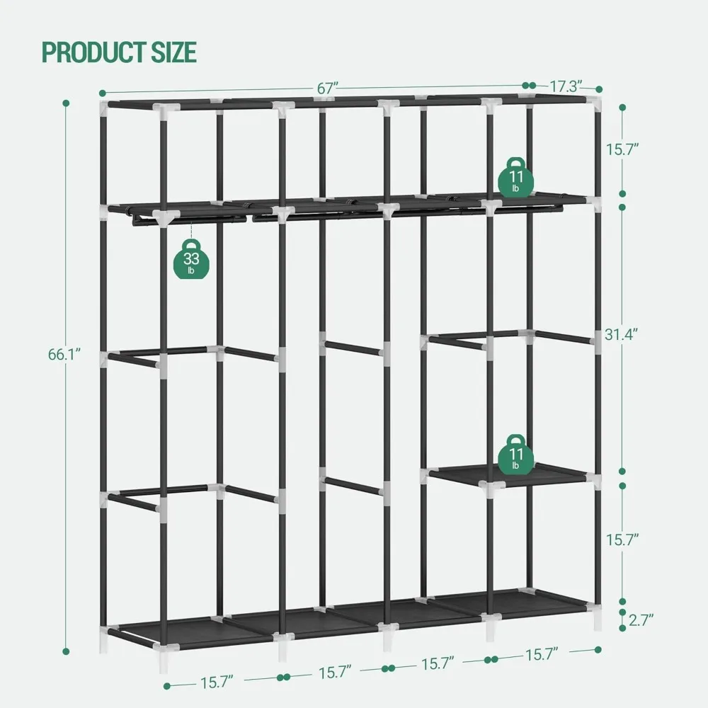 67 Inch Closet Wardrobe, Clothes Storage Organizer for Hanging Clothes with Cover, 4 Hanging rods, 9 Storage Shelves 3