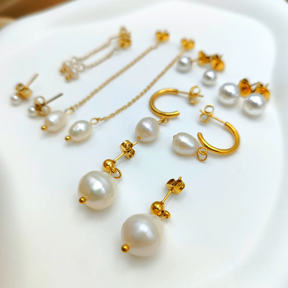 eManco Freshwater Pearl Earrings Stainless Steel Women's Jewelry Chain Drop Pierced Earrings Pearl Jewelry Set Gift drop earrings,dangle earrings,pearl earrings