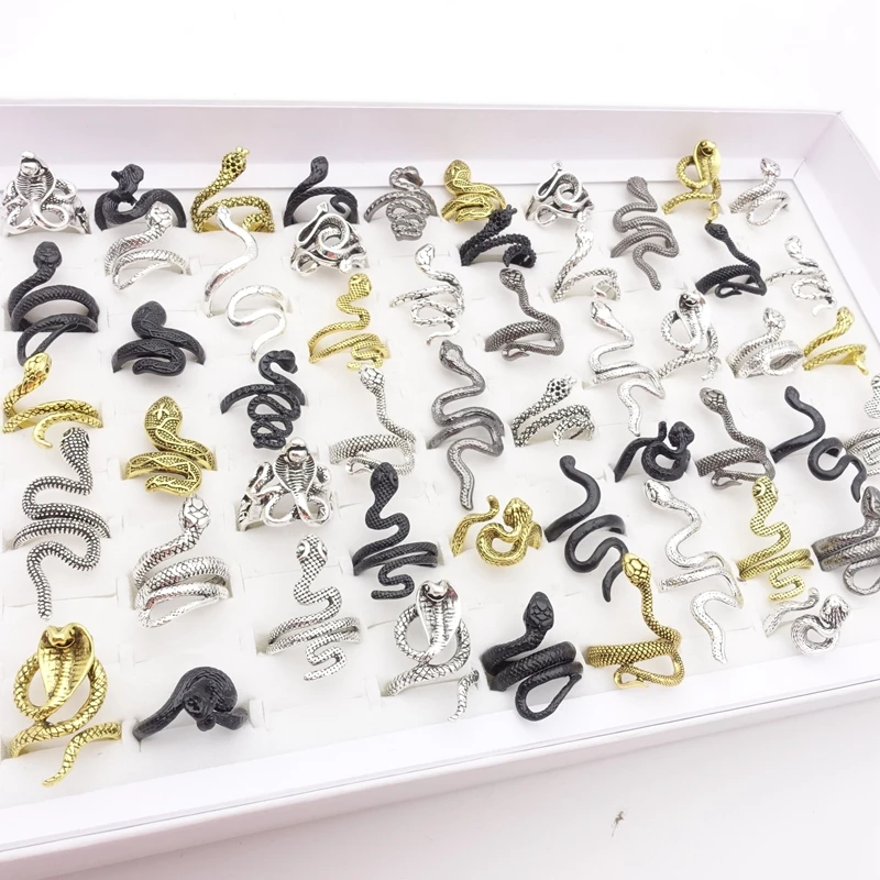 

30pcs Men Women Snake Rings Fashion Jewelry Punk Style Animal Party Gift Wholesale Lot Size Adjustable Black Gold Silver Plated