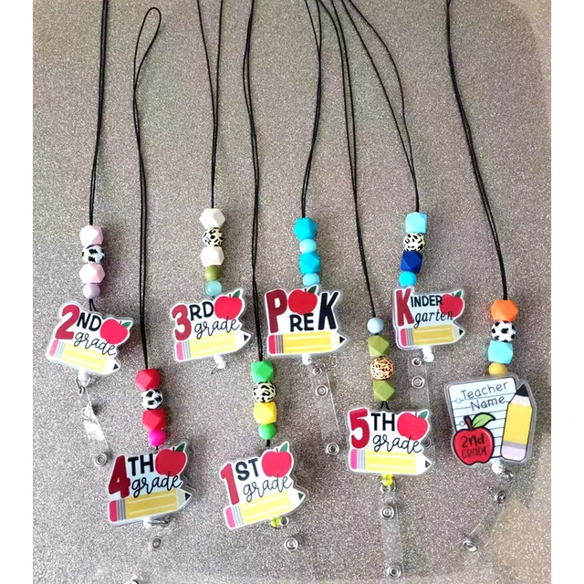 lanyard with badge holder Badge Reel Charm Beads Teacher/School pre-k,  Kinder, 2nd,5TH Grade-Elementary Teacher Badge Reel