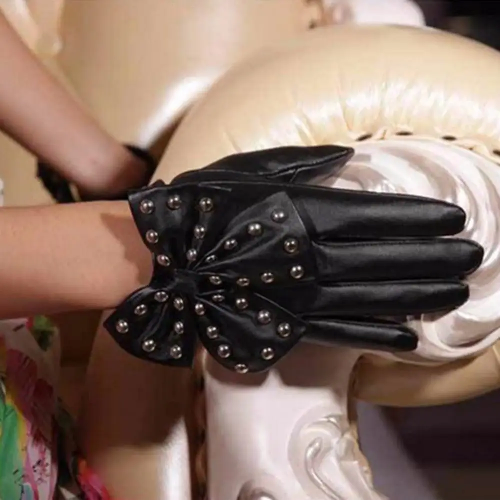 

Fashion Motorcycle Women Gloves Rivets Big Bow Solid Color Faux Leather Outdoor Gloves Full Finger Durable Mittens