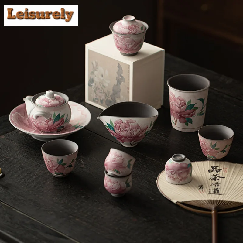 120ml Old Rock Clay Light Makeup Peony Gaiwan Aesthetic Tea Tureen Tea Bowl With Lid Kit Tea Making Cover Bowl Teaware Ornaments