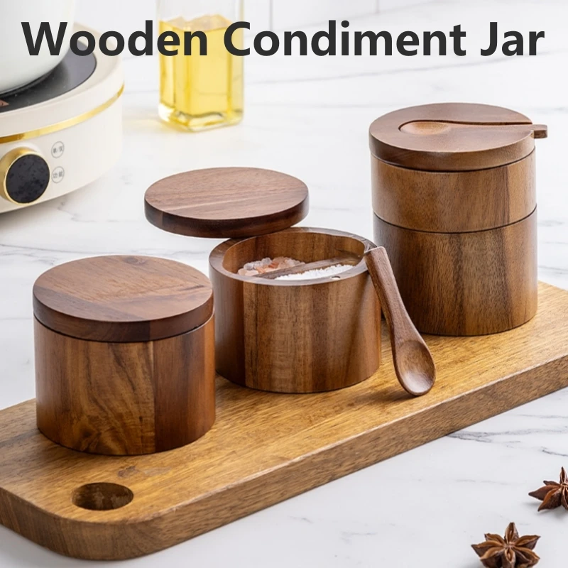 Wooden Salt Cellar with Spoon Kitchen Salt Box Pepper Jar with Swivel Closure Lid Round Container To Condiment Spice Container, salt pepper shakers
