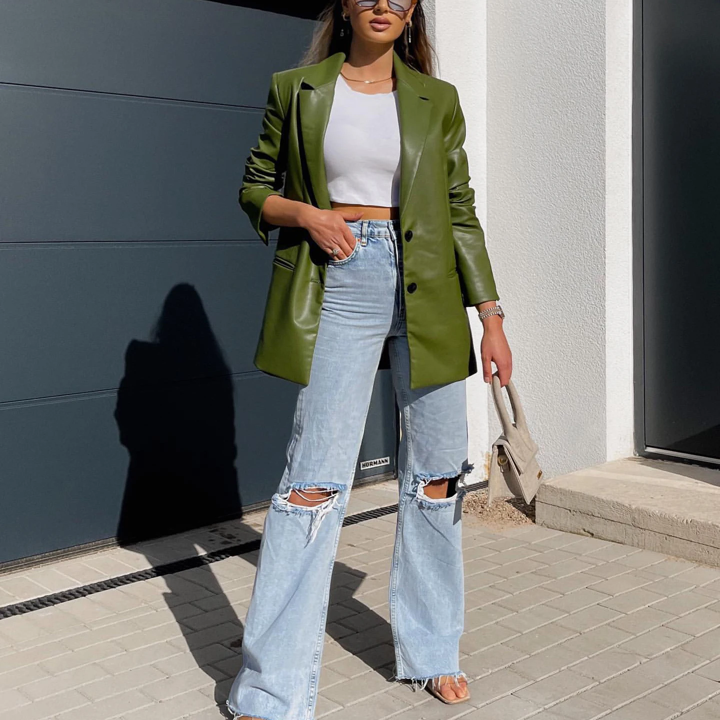 

Woman Vintage Olive Green Leather Blazer Matching Suit 2022 Spring Female High Waisted PU Pants Sets Girls Streetwear 2 Pcs Set