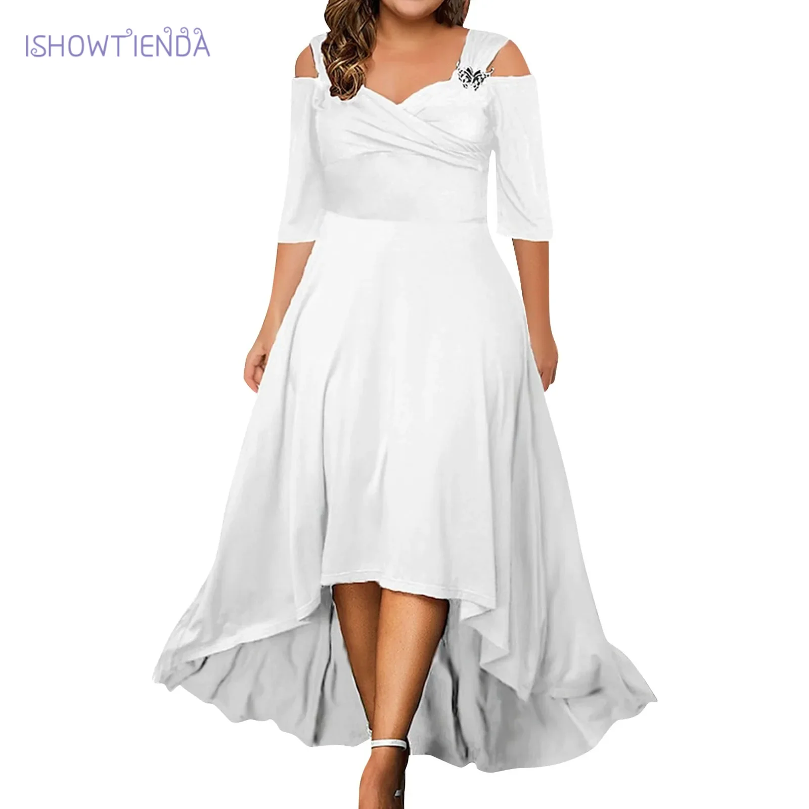 Womens V Neck Cold Shoulder Midi Dress Ladies Elegant Cocktail Party Gown Swing Dresses Evening Formal Plus Size Clothing