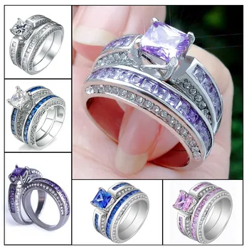 2 Pcs/set Classic Cubic Zircon Rings Set For Women Pink Blue White Crystal Rhinestone Jewelry Birthday Promise Anniversary Ring