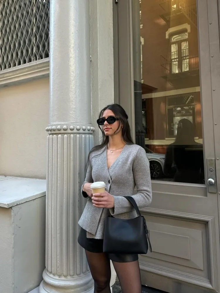 여성용 단색 울 혼방 가디건, 슬림핏 브이넥 어깨 패드, 긴팔 코트, 2023 가을 레이디, 우아한 따뜻한 스트리트웨어, 패션