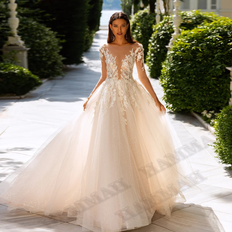 

HAMMAH Scoop Glitter Tulle Wedding Dresses For Mariages Backless Full Sleeve Appliques Pleats Court Train Bride Gowns Customised