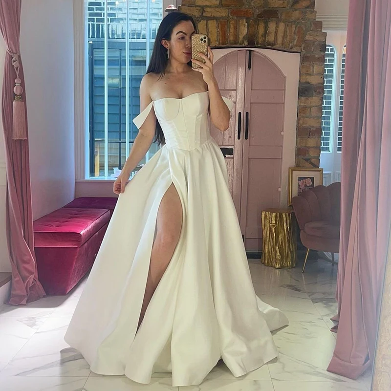 

UZN Simple A-Line Wedding Dresses White Side Slit Satin Bridal Gowns Boho Beach Floor Length Evening Wedding Gowns Custom Size