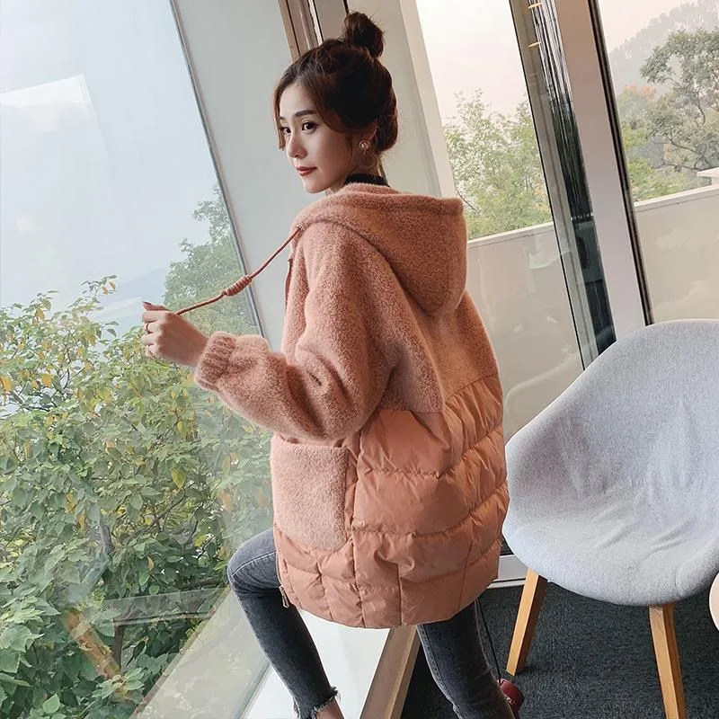 New Women Cotton Coat Winter Jacket Female Warm Thick Parkas Mink Velvet Splicing Outwear Mid Length Version Hooded Overcoat