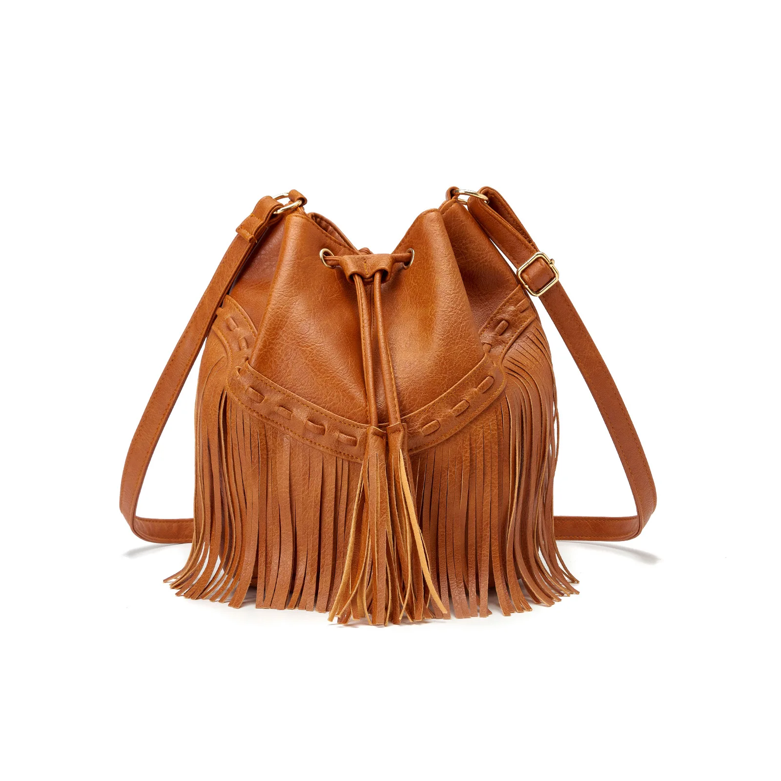 Leisure Pleated Handmade Tassel Bucket Bag PU Tassel for Women's Crossbody Bag Ladies Handbags Sale with Free shipping