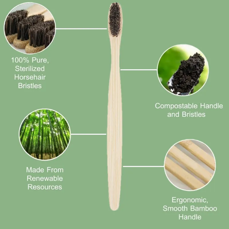 천연 대나무 칫솔, 여행용 칫솔&말털(10개입), 성인용 부드러운 칫솔모, 100% 생분해성, 플라스틱 및 나일론