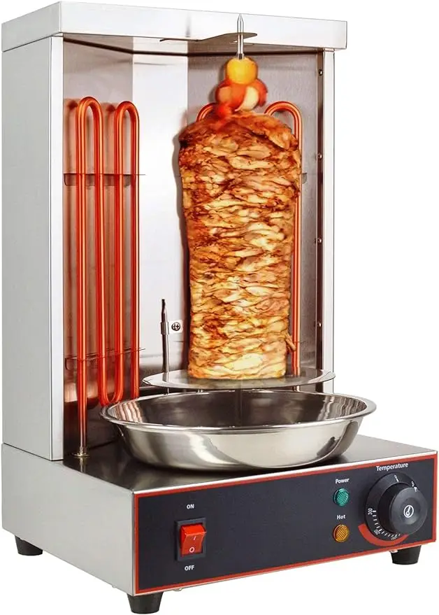 Shawarma Machine Electric Vertical Kebab Grill Gyro Rotisserie Oven Meat Broiler with 2 Heating Tubes Stainless Steel Body 110V 6