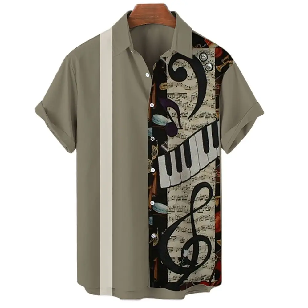 Hawaiian Men's Casual Shirt, Beach Short Sleeve 3D Musical Instrument Print Lapel, Single Button, New Summer 2024 5