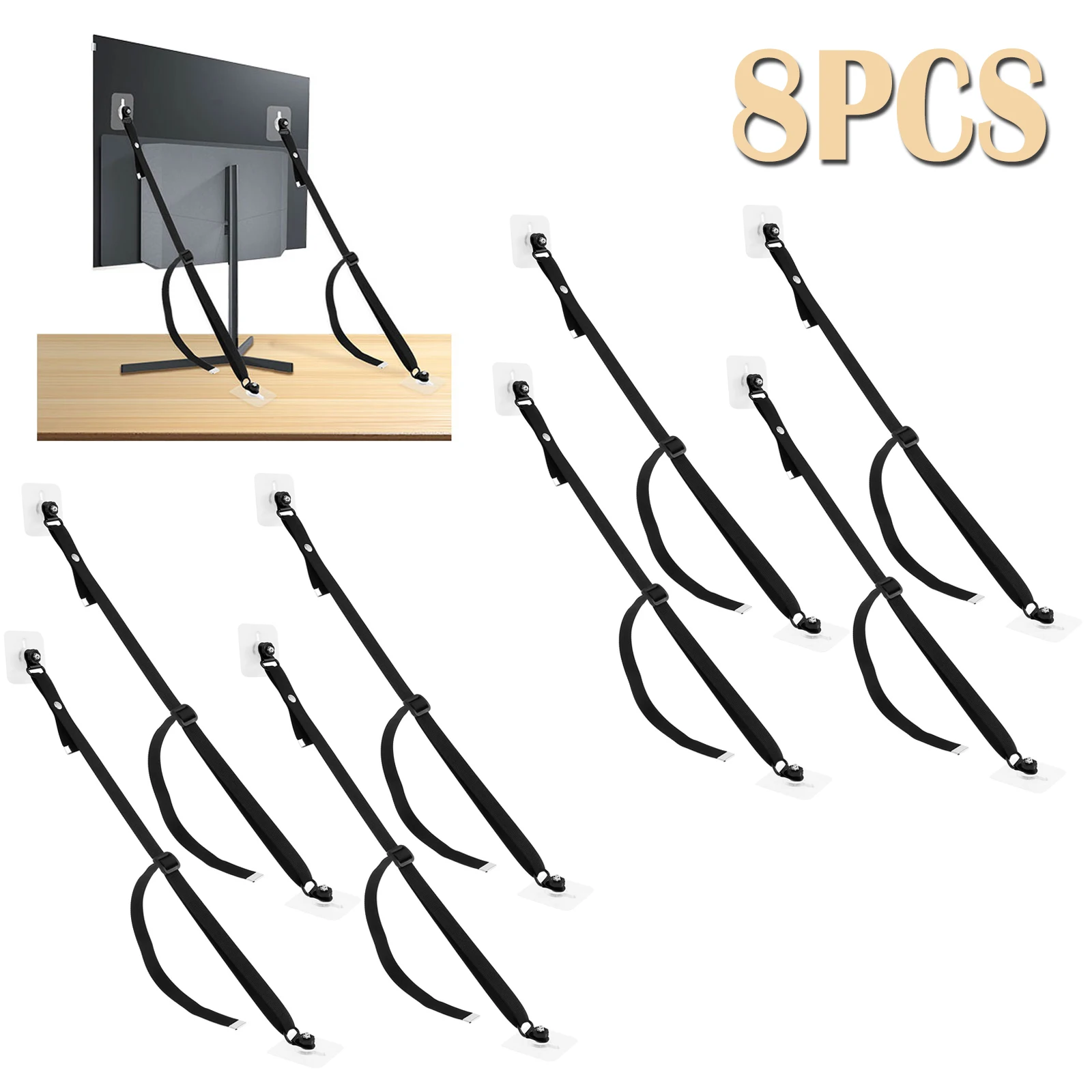 8PCS/4PCS Adjustable 5-35inch TV Safety Straps No-Drill Adhesive Anti-Tip Furniture Wall Anchors for Baby Proofing Cabinet Stand