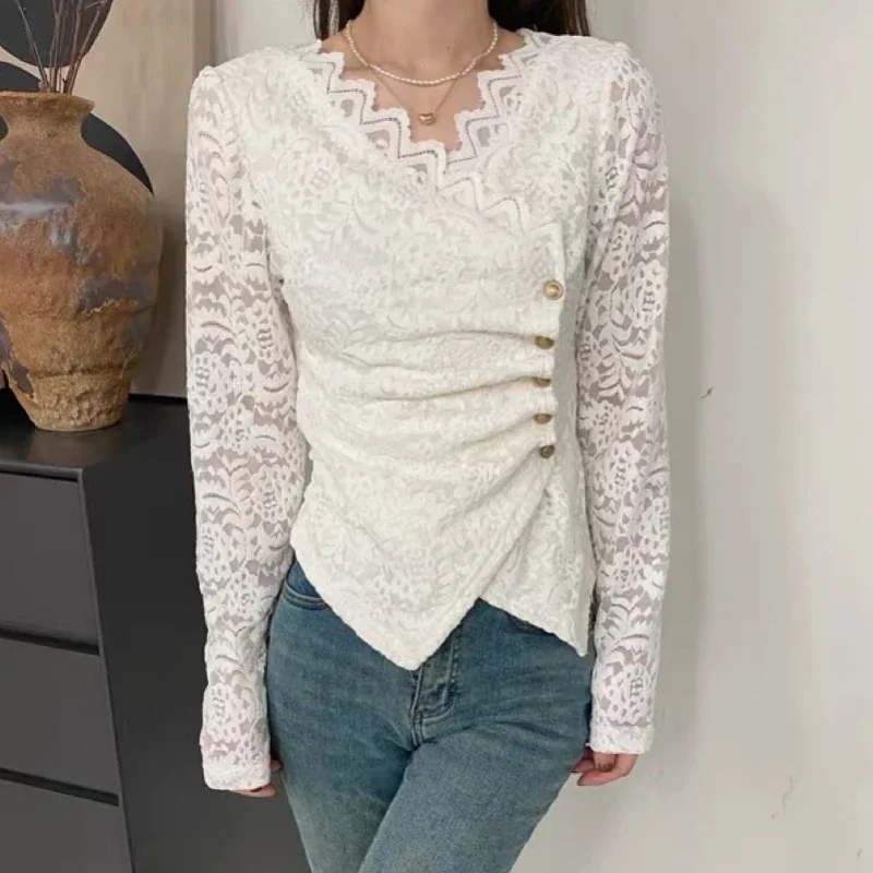 

Кружевная блузка с вышивкой крючком, корейская мода 2024, винтажные Узкие повседневные элегантные плиссированные топы с длинным рукавом и V-образным вырезом, новинка 30120