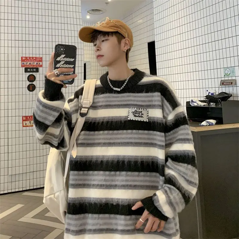 

Korean sweater furry round neck men's winter striped contrast color loose versatile trendy brand sweater couple sweater y2k tops