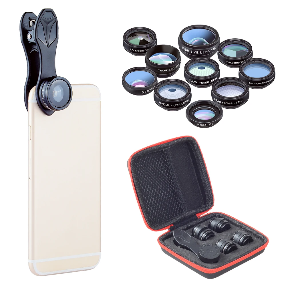 APEXEL 10 in 1 Phone Camera Lens Kit with 0.63X Wide Angle + 15X Macro + 198&deg;Fisheye 2X Telephoto for Android iPhone wide angle conversion lens phone microscope lens telephoto lens fisheye lens