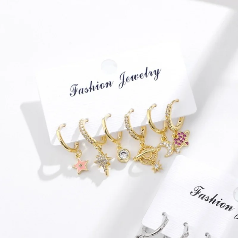 6Pcs/set Geometric Star Moon Rhinestones Hoop Earrings Sets for Women Colorful Zircon Earrings Fashion Jewelry Gift