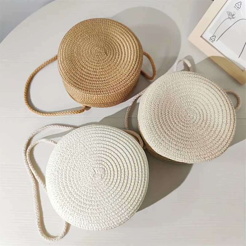3 Colors Available Handwoven Charm Chic Women's Round Woven Crossbody Bag, Perfect for Beach Vacations Stylish Tote with Zipper