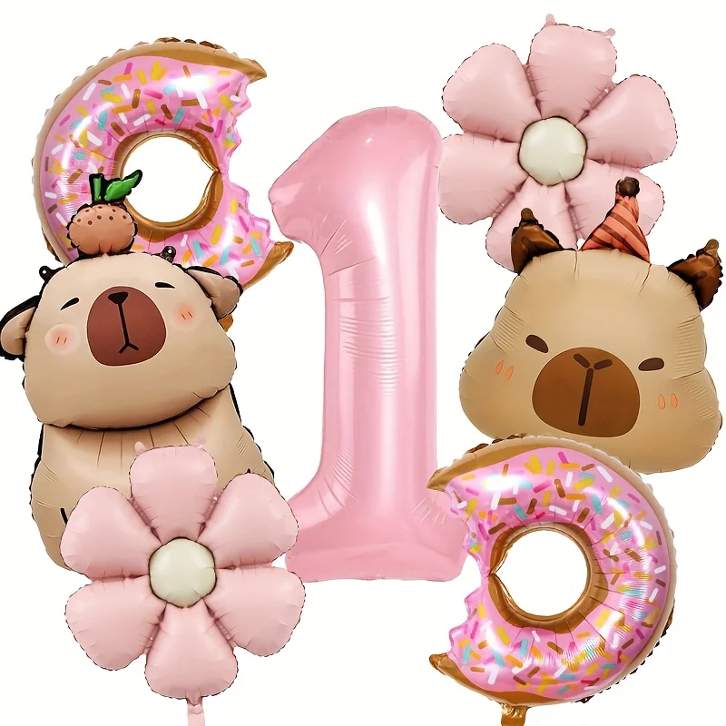 7-teiliges Capybara-Themenballon-Set, 32 Zoll große rosa Zahlen 1-9, Geburtstagsballon-Set, Partydekoration, Geburtstagsgeschenke
