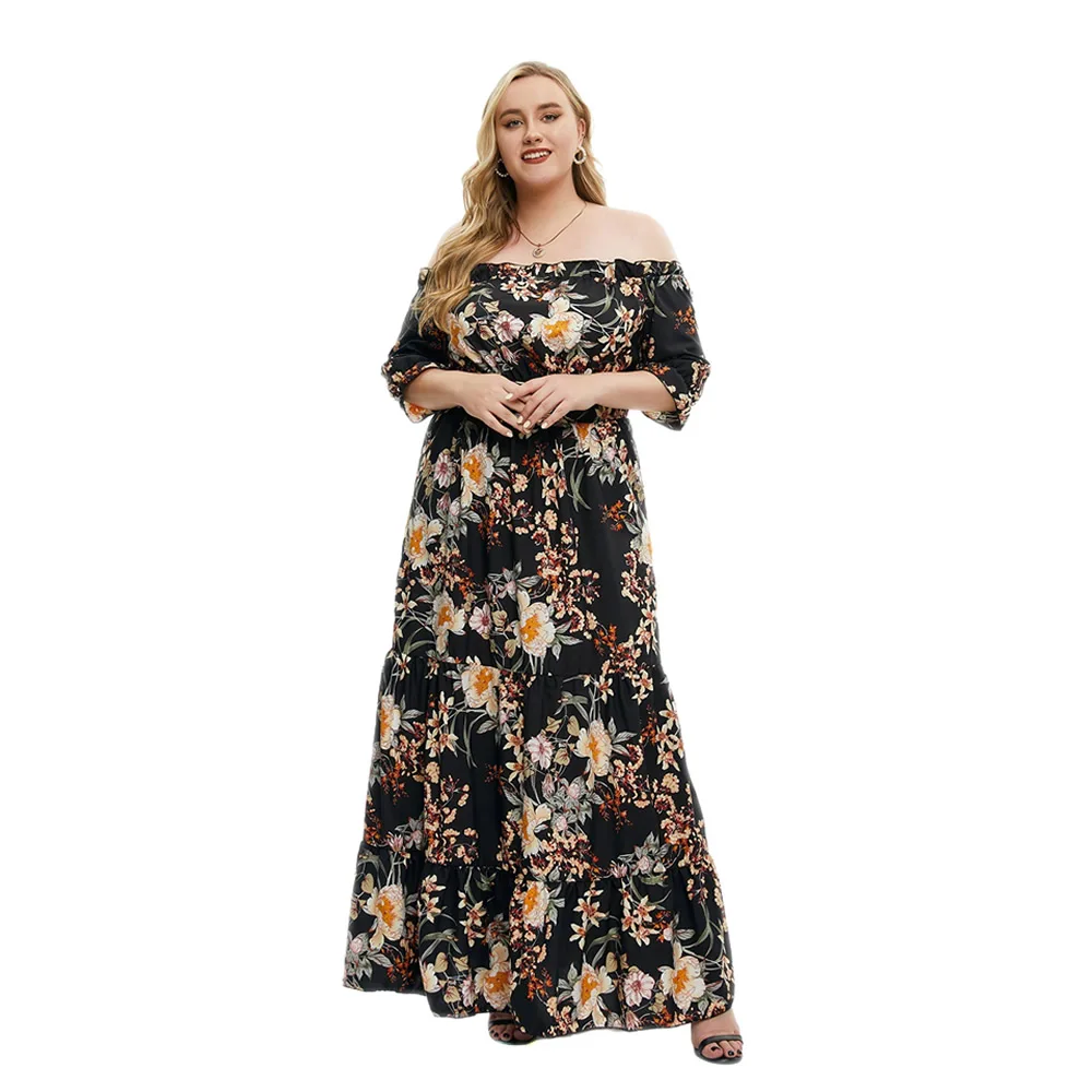 

2023 Summer Bohemian Print Slash Neck Big Dress Spring Short Sleeve Elegant Plus Size Women's Ankel-Length Tierred Dresses