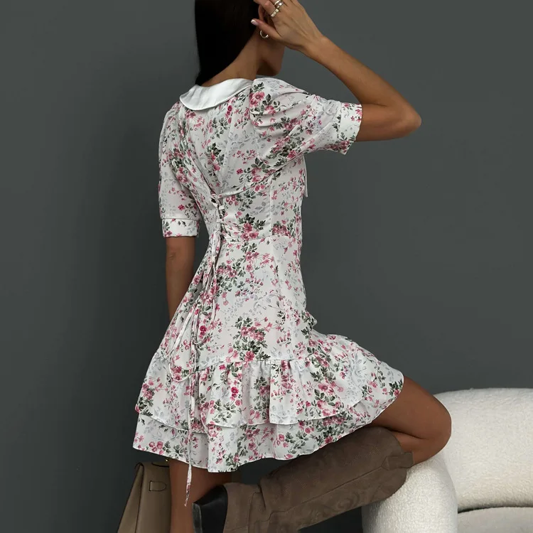 Printed Ruffled V-Neck Mini Dress Female Short Sleeve Fashion Slim High Waist Elegant Party Dress Women's Summer Dress New