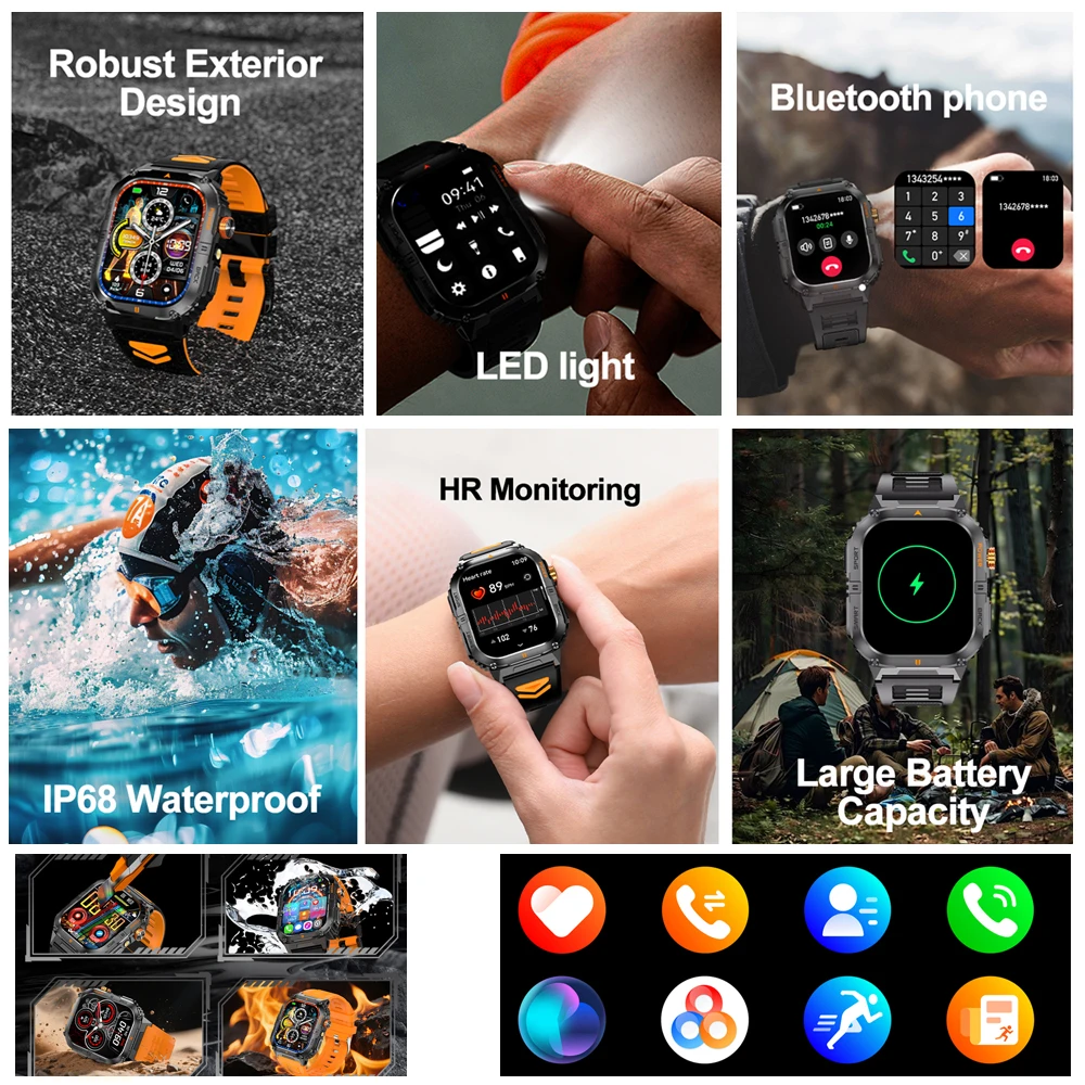 2025 New Smart Watch Men 1000mAh Large Capacity Battery Outdoor Flashlight Bluetooth Call Waterproof Sport Fitness Smartwatches