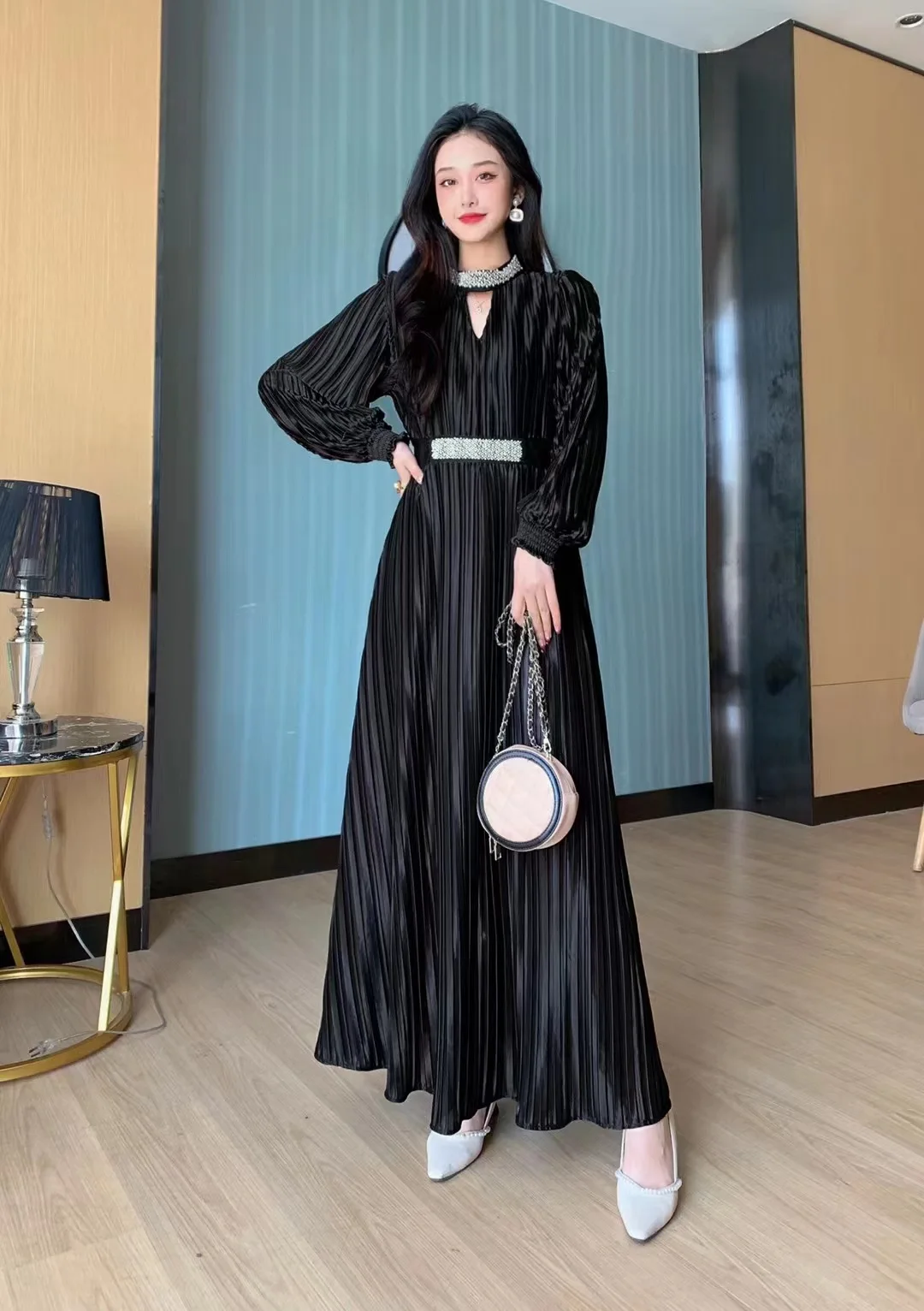 2024 High End Round Neck Lantern Long Sleeved Waist Cinched Pleated Studded Pearl Style Dress for Women  Long Dresses