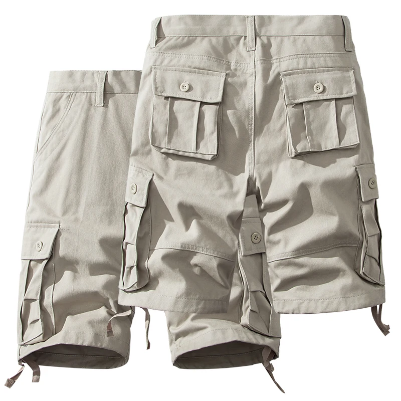 Men's Summer Cargo Shorts Pure Cotton Half Pants with Pockets Large Size Regular Fit Homme Brown White Hiking Sport Knee Shorts