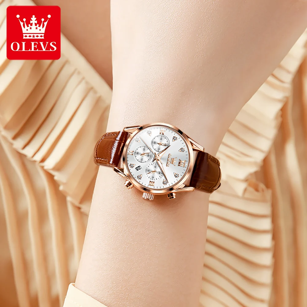OLEVS Luxury Watch for Women Quartz Leather Strap Women Watches Multi-functional Dial Waterproof Luminous Chronograph Wristwatch