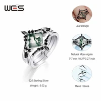 WES 925 Sterling Silver Crown Moss Agate Leaf Ring Sets for Women Mom Crystal Natural Gem Anniversary Jewelry Wholesale Gift 1