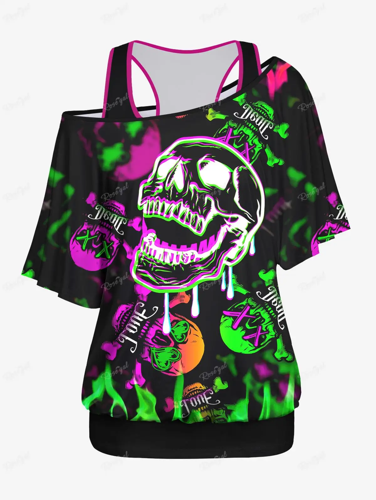 

Plus Size T-shirt Set 2024 New XS-6X Y2K Solid Racerback Tank Top and Skew Neck Batwing Sleeves Ombre Skulls Fire Printed