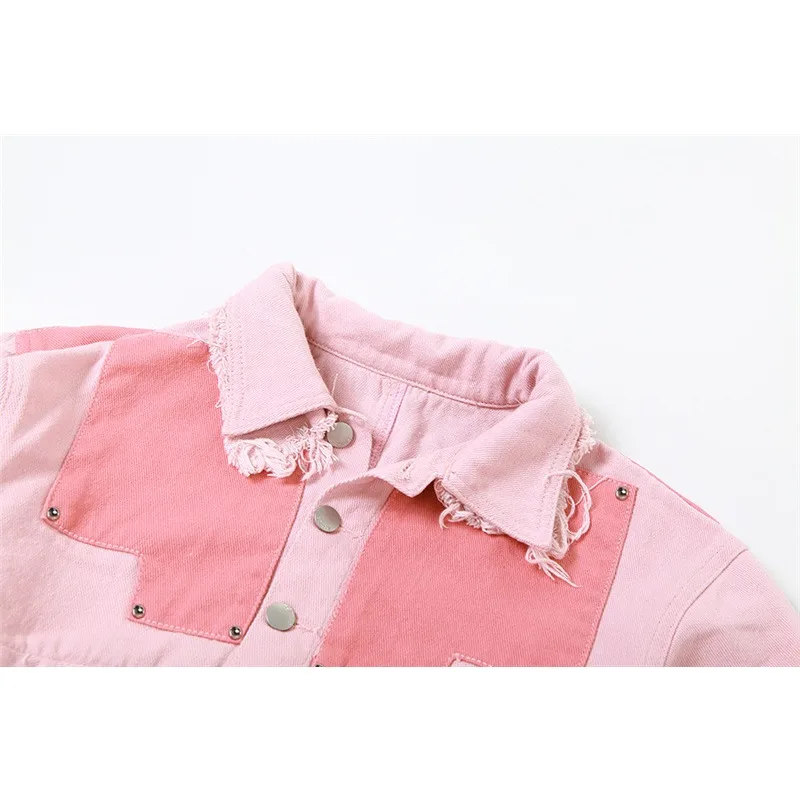 Color Patchwork Cargo Denim Skirt Set Women Autumn Turn Down Collar Long Sleeve Single Breasted Jacket High Waist Mini Skirt
