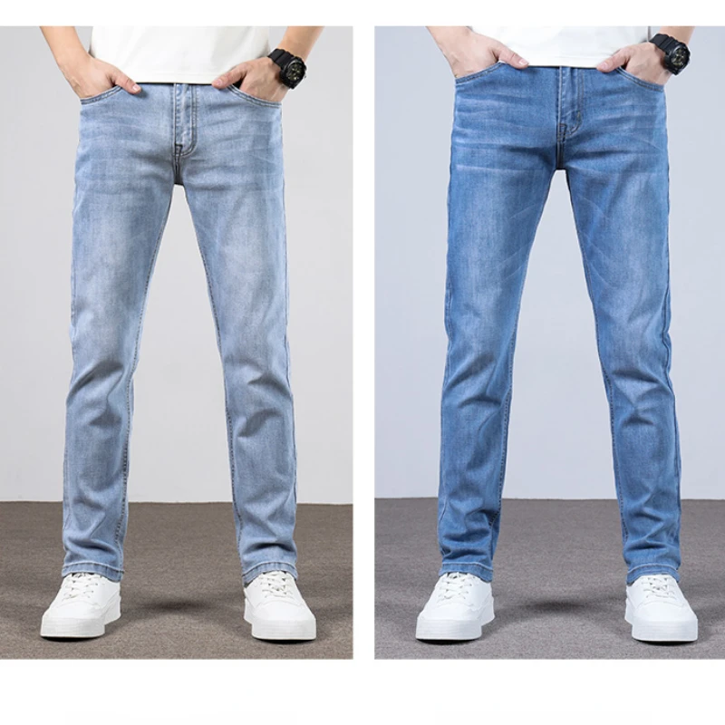 

Summer Autumn Men Denim Korean Style Straight Light Blue Jeans Elastic Student Trousers Streetwear Pants Black Jeans