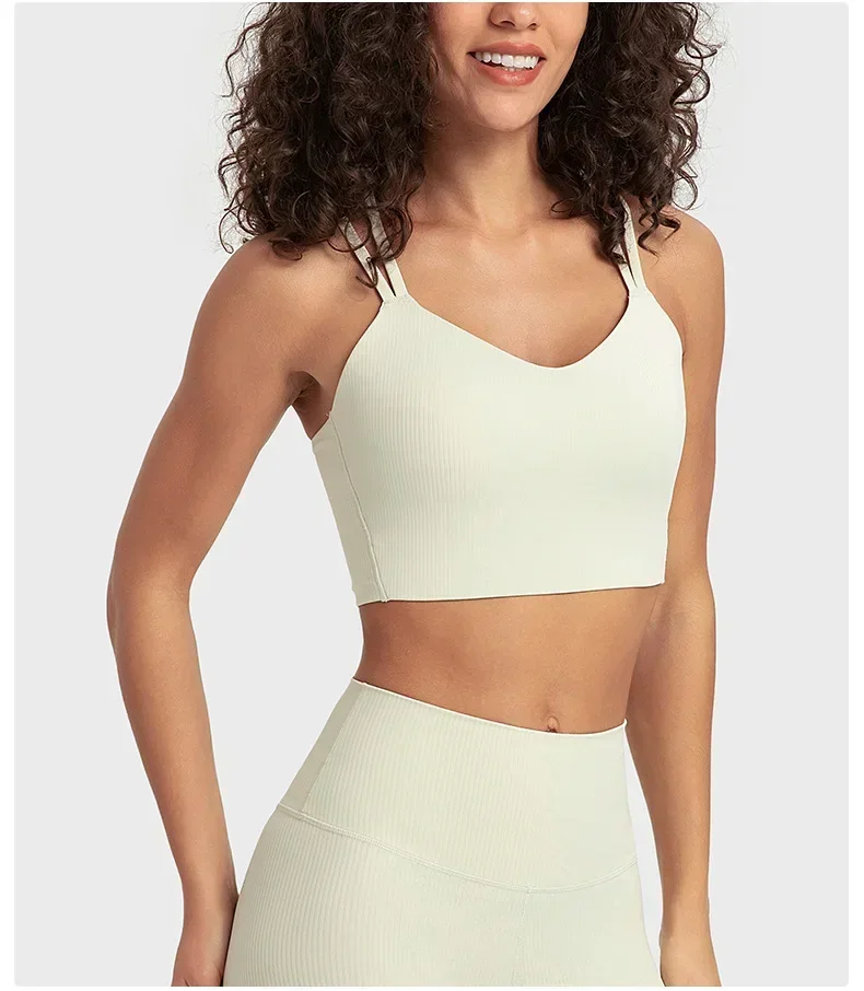 

Lulu Rib Women Fitness Bra Cross Back Sport Tank With Chest Pad Gym Yoga Top Comprehensive Training Jogging Sexy Solid Tights