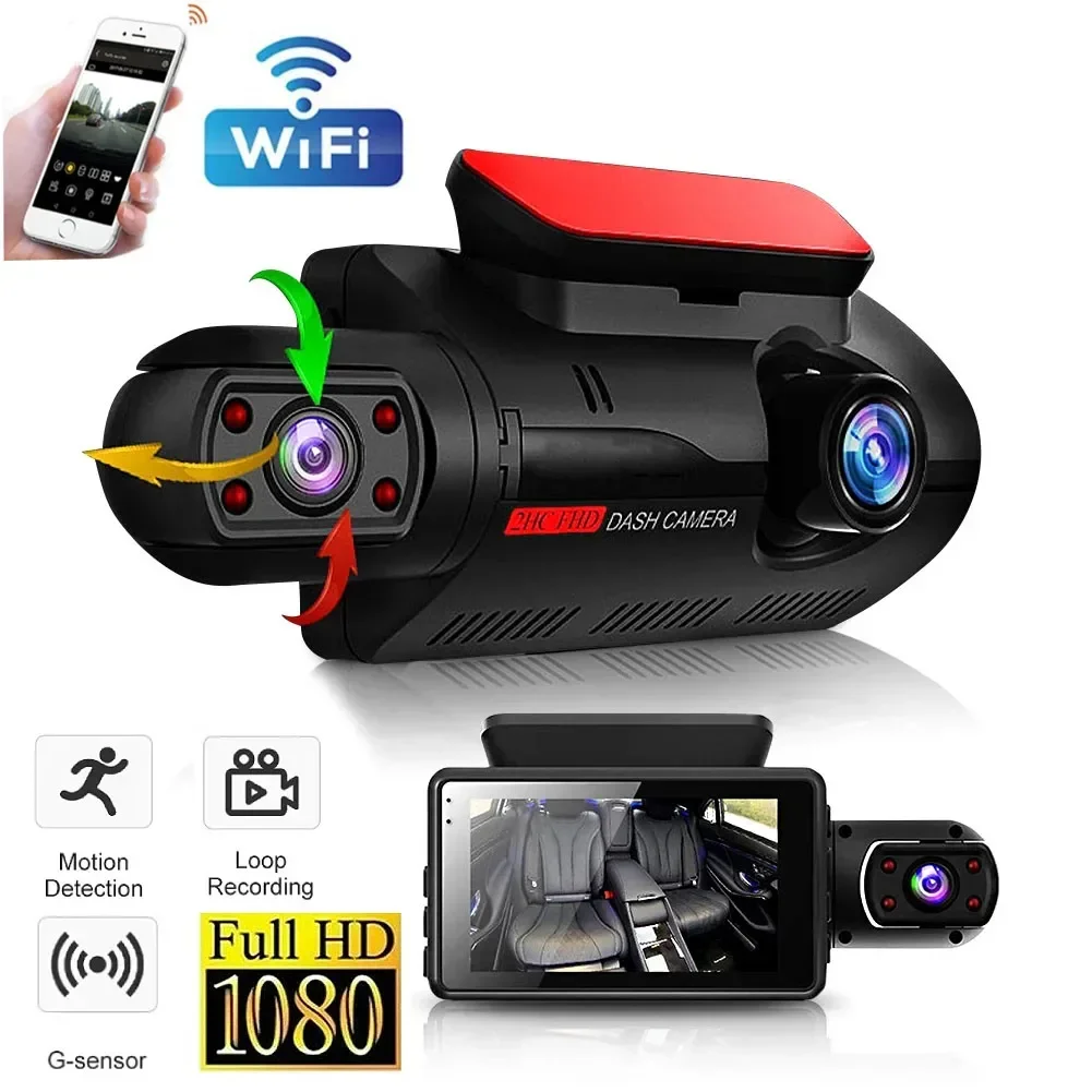 Dash Cam Anteriore E Posteriore Full HD 1080p Con Scheda 32GB, GPS, WiFi, Visione Notturna, Sensore G E Modalità Parcheggio