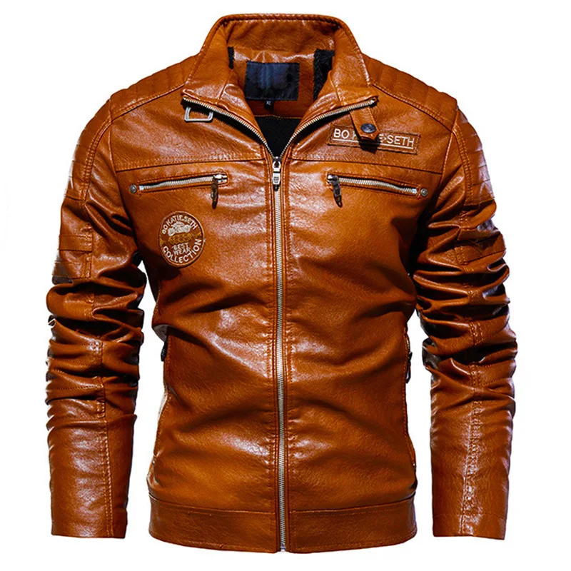 Green Leather Jacket Men Winter Fleece Motorcycle PU Bomber Leahter Jacket Male Stand Collar Casual Ropa De Hombre Slim Coat - 3