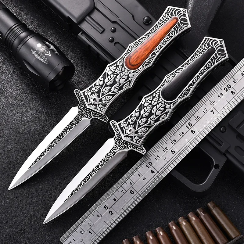 

High Hardness Steel Wooden Handle Folding Knife Outdoor Portable Multifunctional Self Defense Knife Camping and Home Daily Use