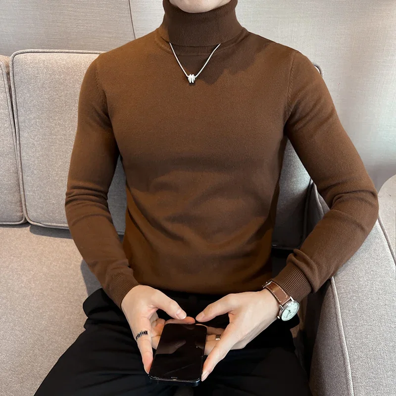 Autumn Winter Men's Turtleneck Sweaters Knitted Basic Top High Collar Solid Slim Fit Pullovers Stretch Warm White Jumper Man