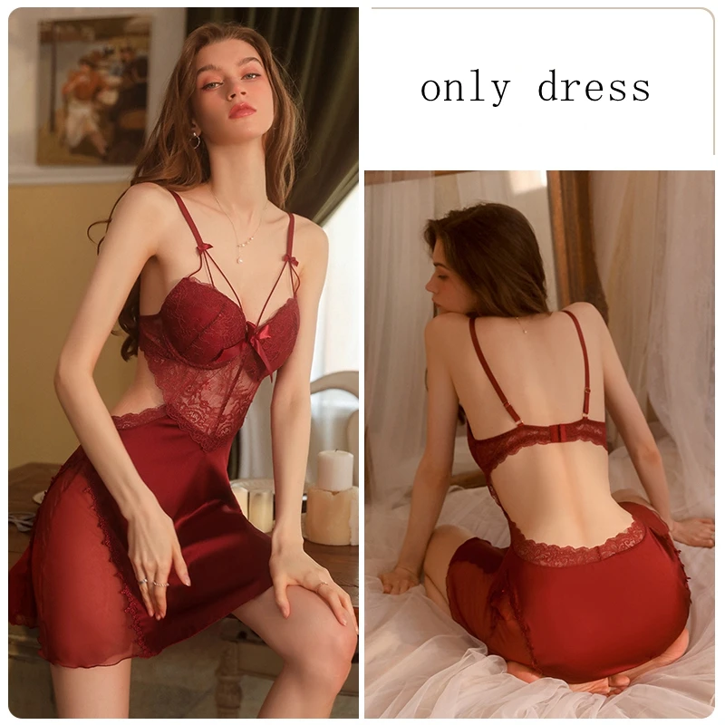 

Female Sexy V-neck with Pad Lingerie Push Up Nightgown Sleepwear Ladies Satin Sling Nightdress Women's Lace Backless Sleepdress