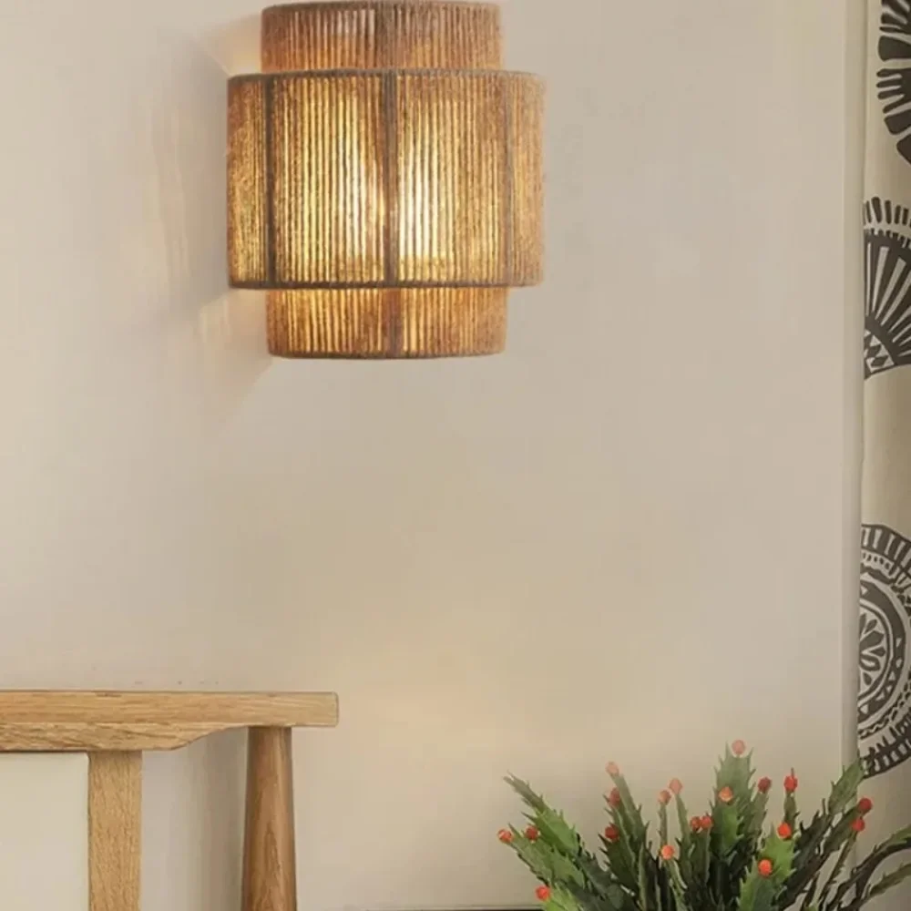 Modern Wall Light Natural Wall Sconce Hemp Rope Hand-Woven Square Rustic Farmhouse E27 Kitchen Island Restaurant Living Room
