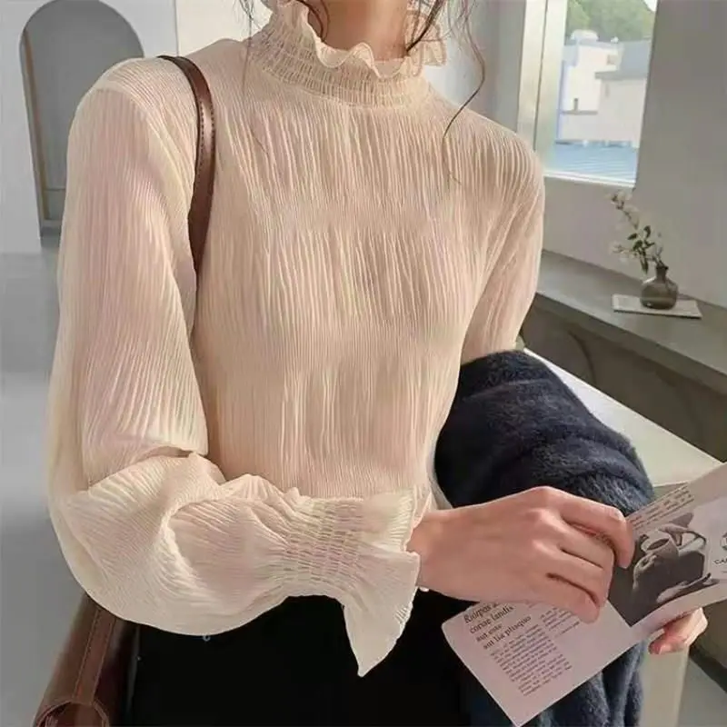 Elegant Turtleneck Folds Ruffles Blouse Women's Clothing 2022 Autumn New Loose Casual Pullovers All-match Office Lady Shirt