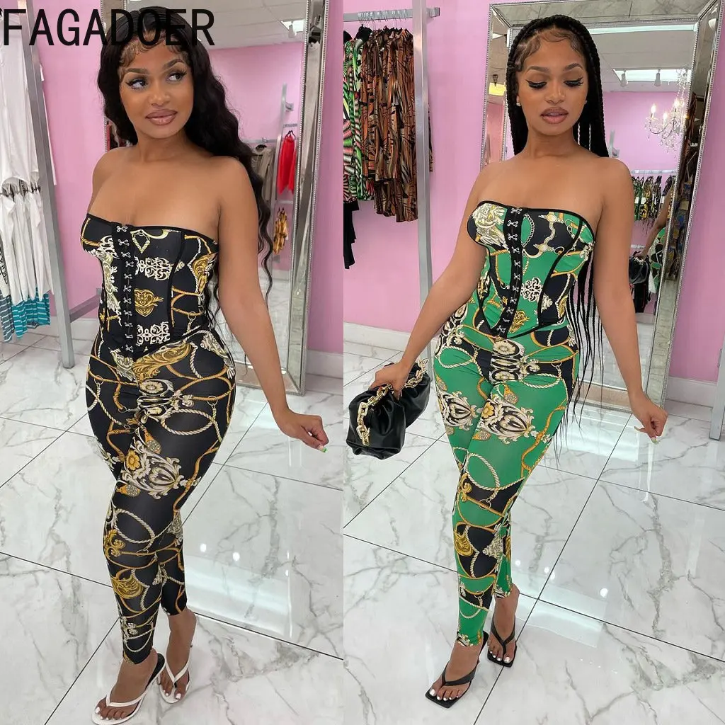 FAGADOER Fashion Retro Printing Two Piece Sets Women Off Shoulder Corset Top+Skinny Pants Outfits Sexy Matching 2pcs Streetwear 5 1 2pcs vintage ins diy scrapbooking materials retro paper label little books paper for journaling album notebook diary decor