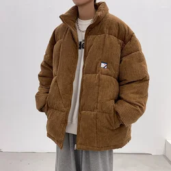 Winter Corduroy Parkas Puffer Jacket Men Casual Loose Fashion Thicken Warm Male Parker Coat Solid Stand Collar Cotton-Padded